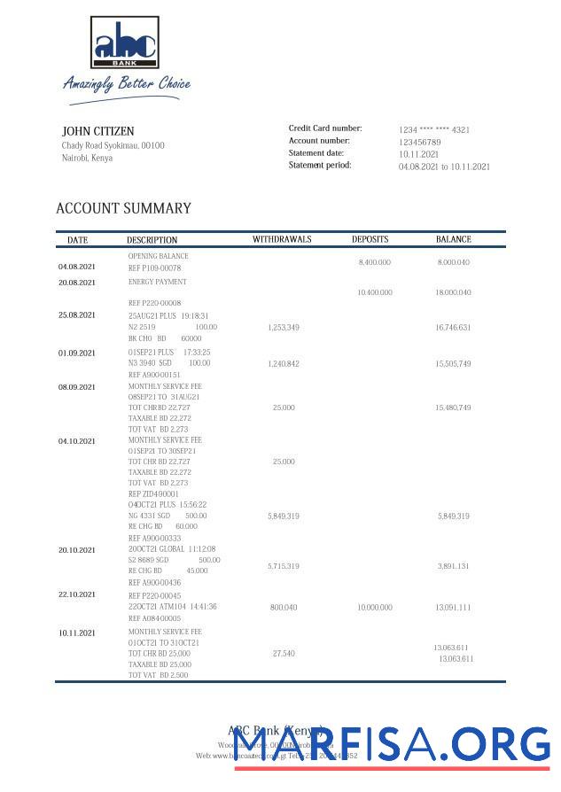 Blank Kenya ABC bank statement word example